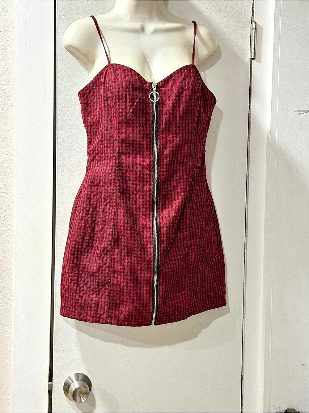 Forever 21 Red and Black Gingham Zip-Front Mini Dress Medium